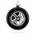 Sleek Black Car Wheel Glass Christmas Ornament