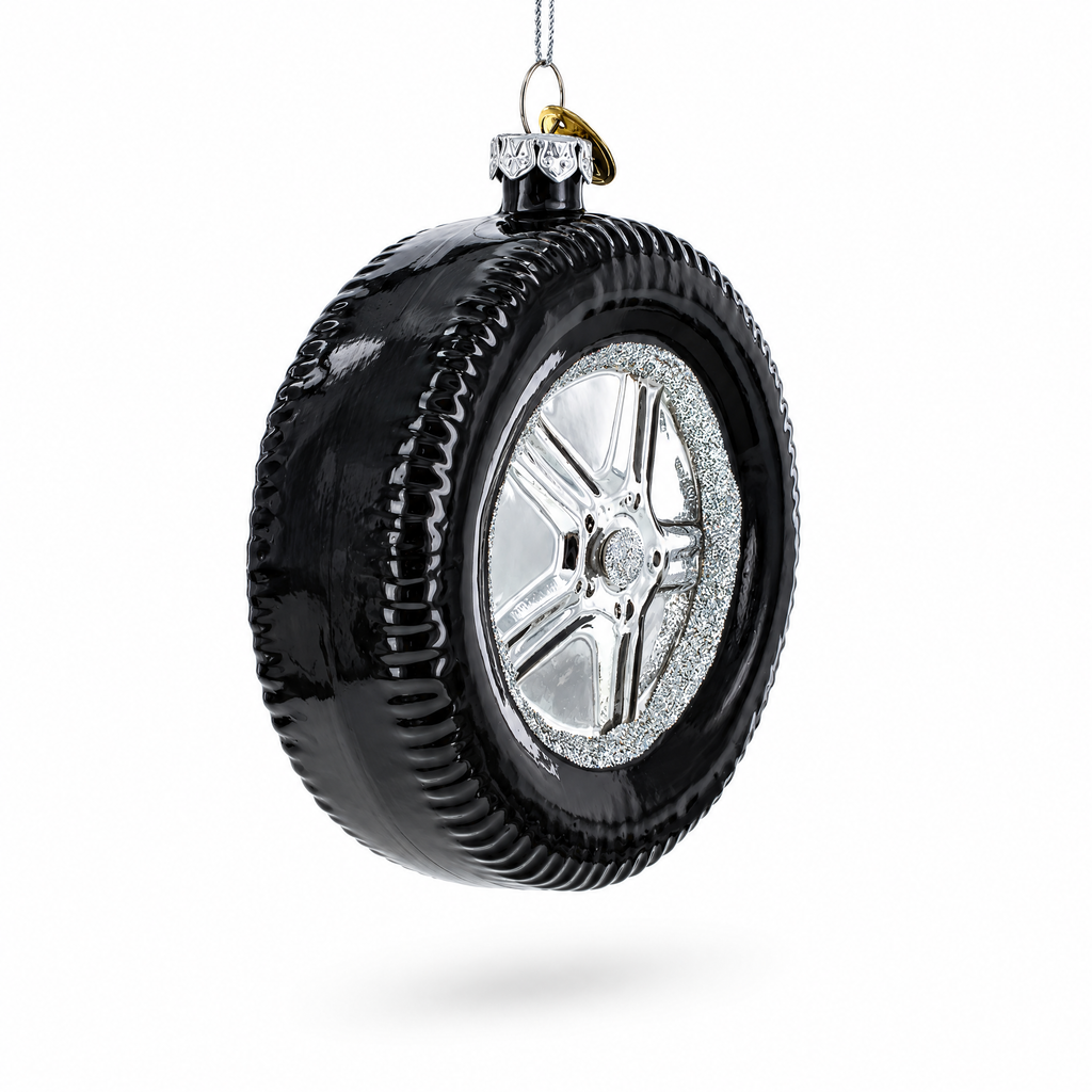 Sleek Black Car Wheel Glass Christmas Ornament
