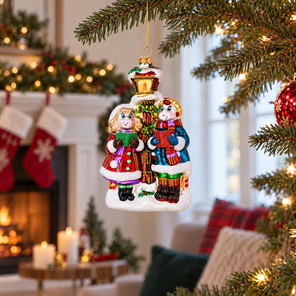 Carolers by a Vintage Lantern Glass Christmas Ornament
