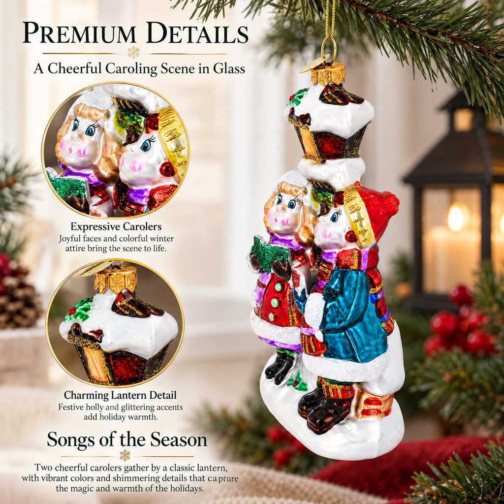 Carolers by a Vintage Lantern Glass Christmas Ornament