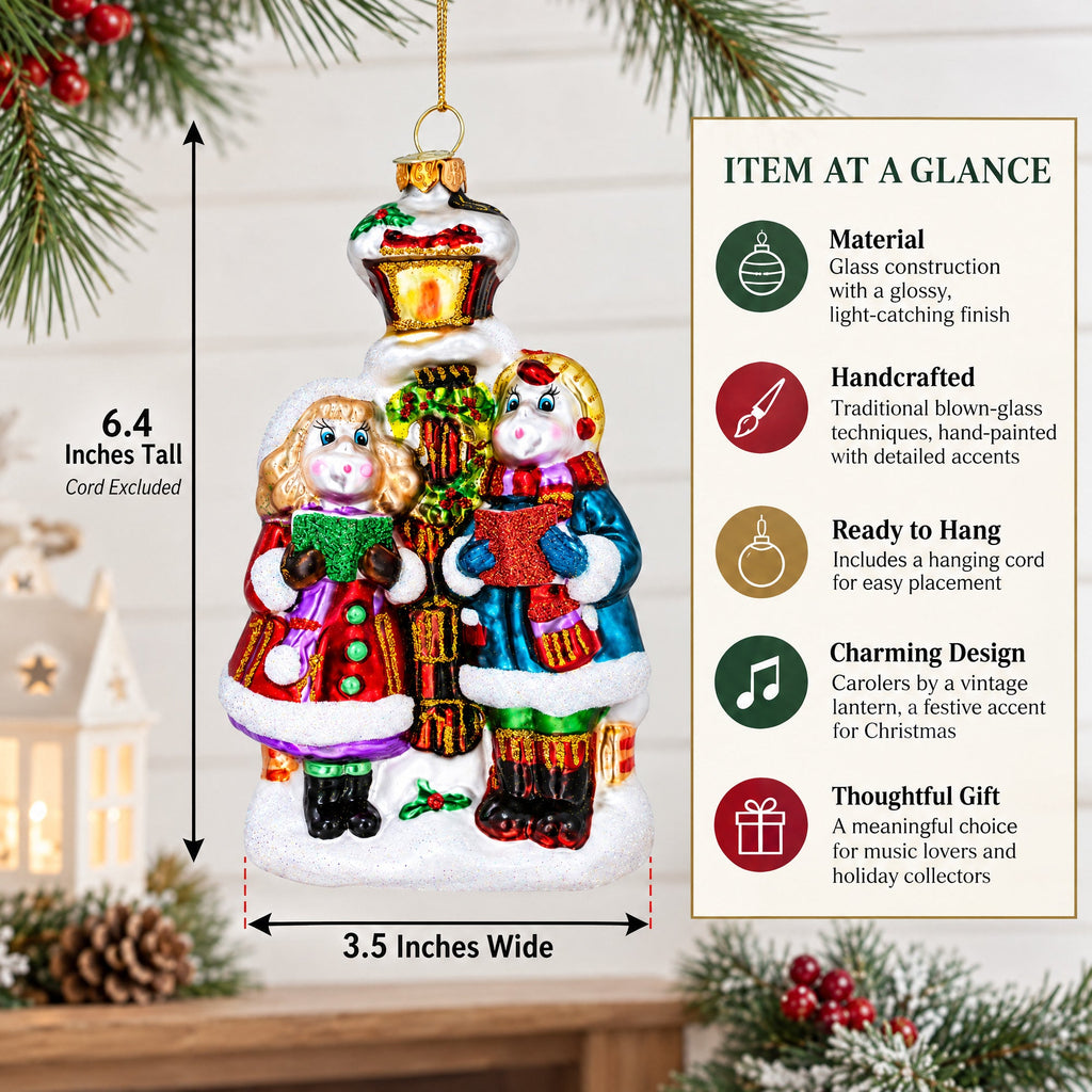 Carolers by a Vintage Lantern Glass Christmas Ornament