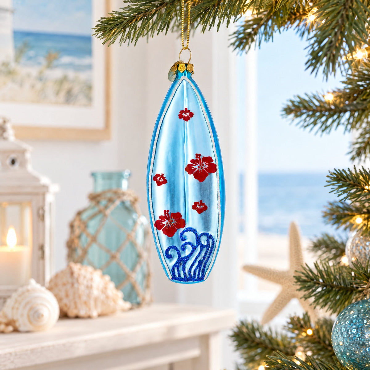Tropical Vibes Blue Surfboard Glass Christmas Ornament