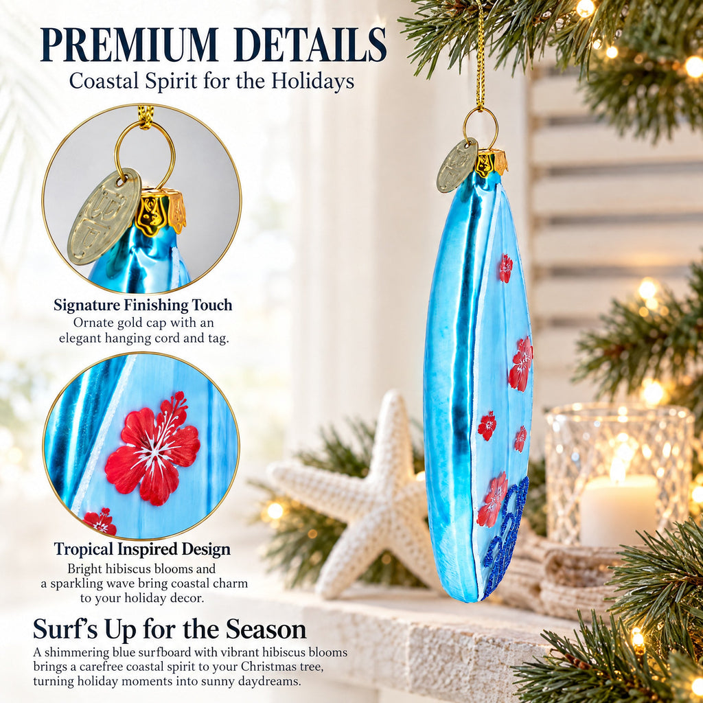 Tropical Vibes Blue Surfboard Glass Christmas Ornament