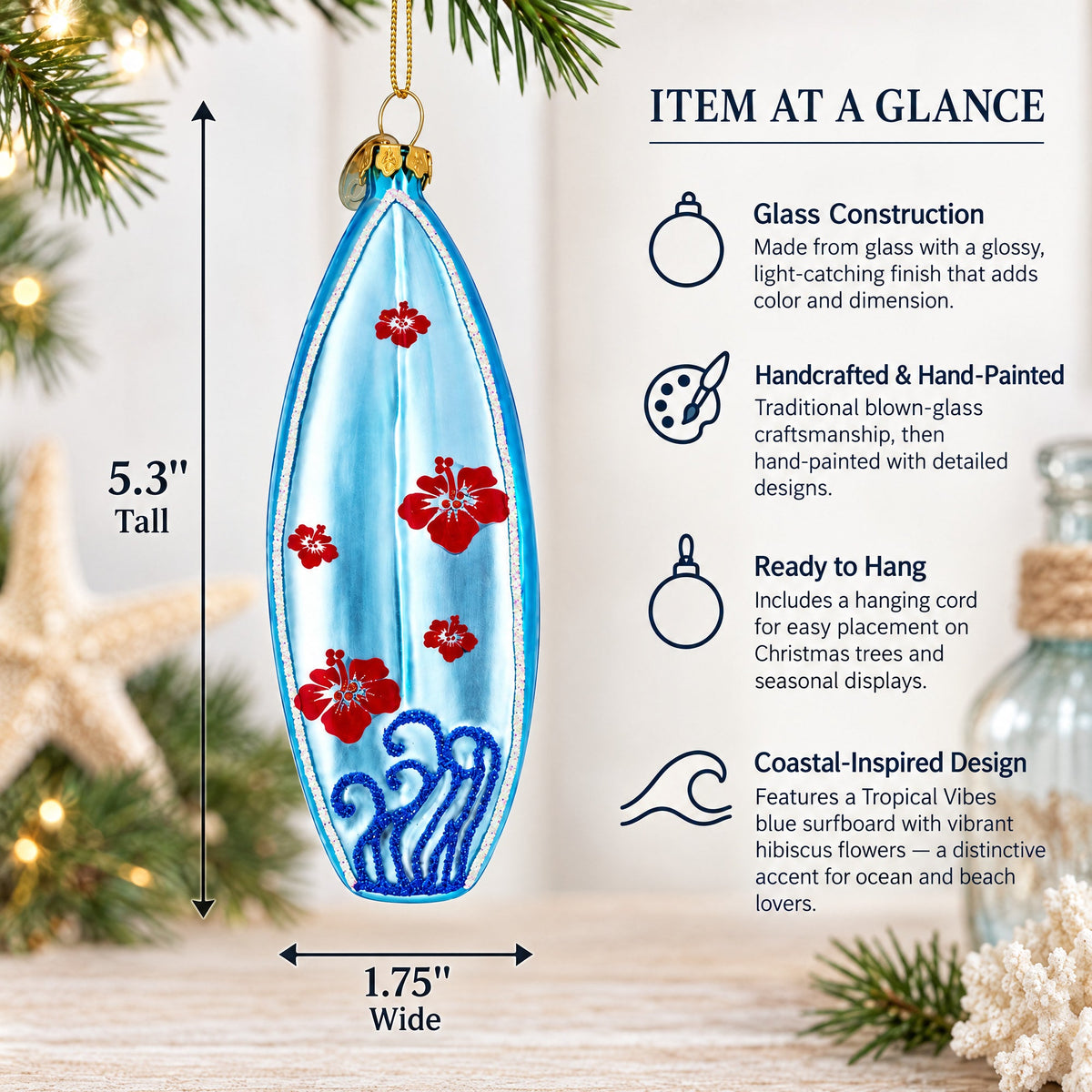 Tropical Vibes Blue Surfboard Glass Christmas Ornament