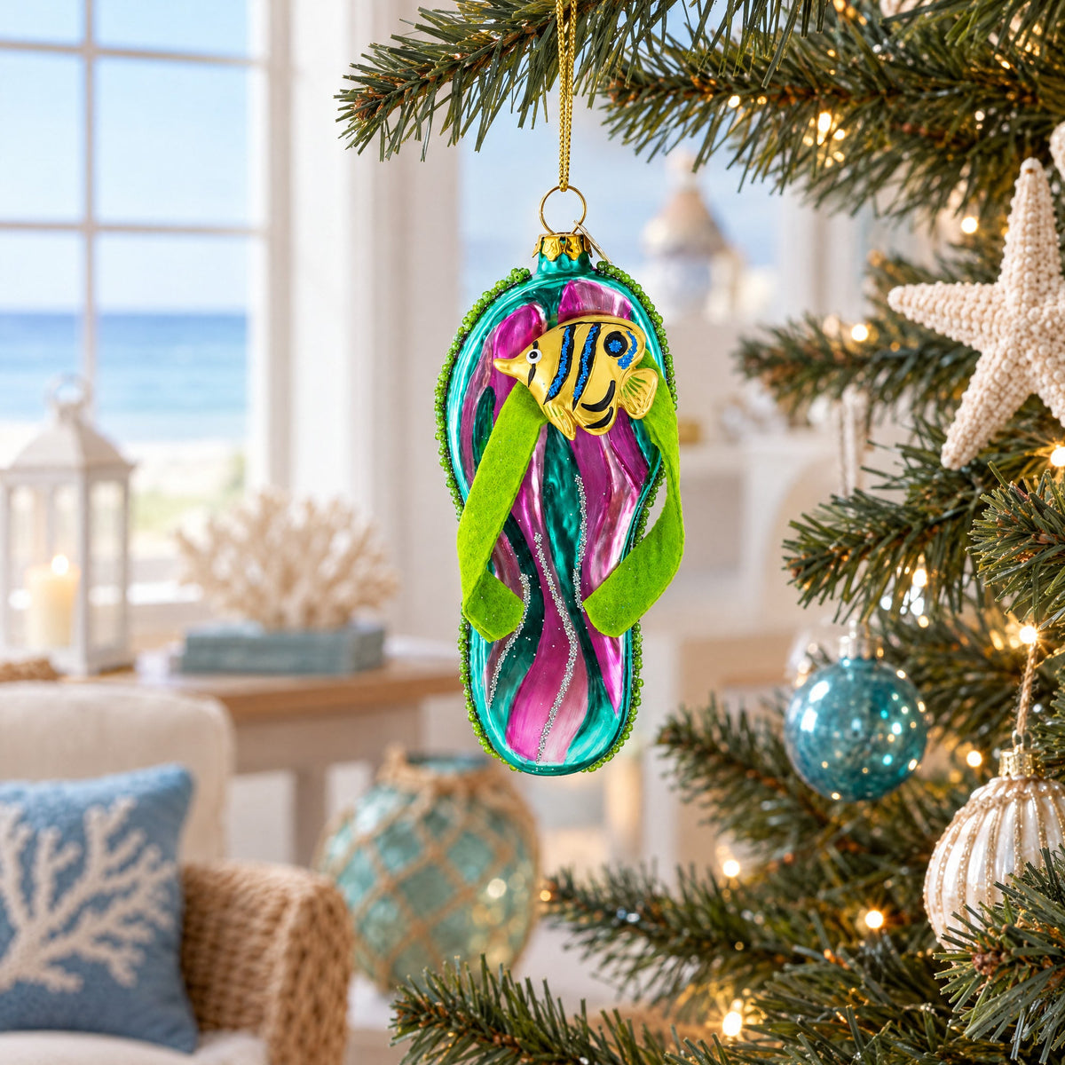 Tropical Turquoise Flip Flops with Fish Design Glass Christmas Ornament