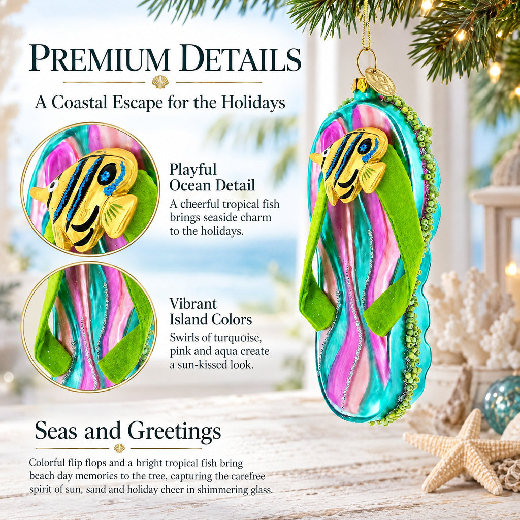 Tropical Turquoise Flip Flops with Fish Design Glass Christmas Ornament