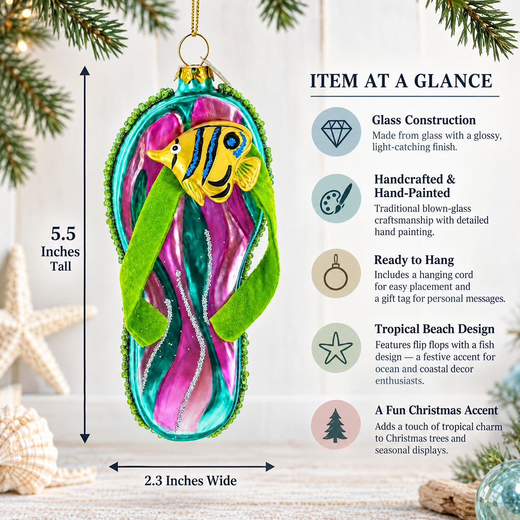 Tropical Turquoise Flip Flops with Fish Design Glass Christmas Ornament
