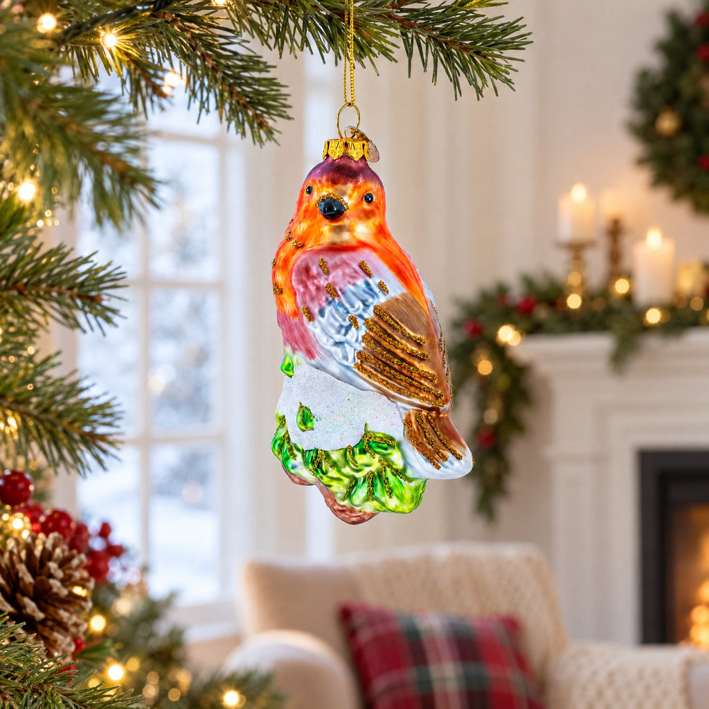 Songbird on Branch Glass Christmas Ornament