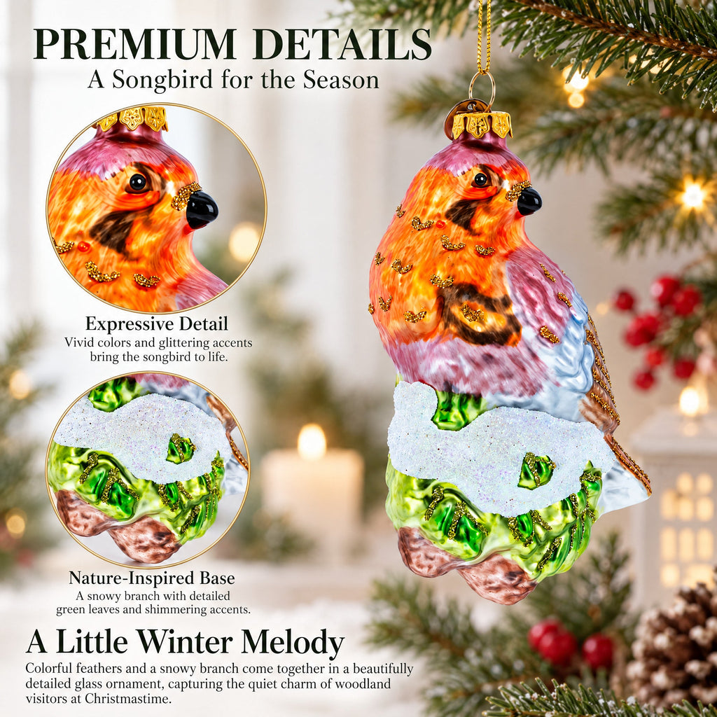Songbird on Branch Glass Christmas Ornament