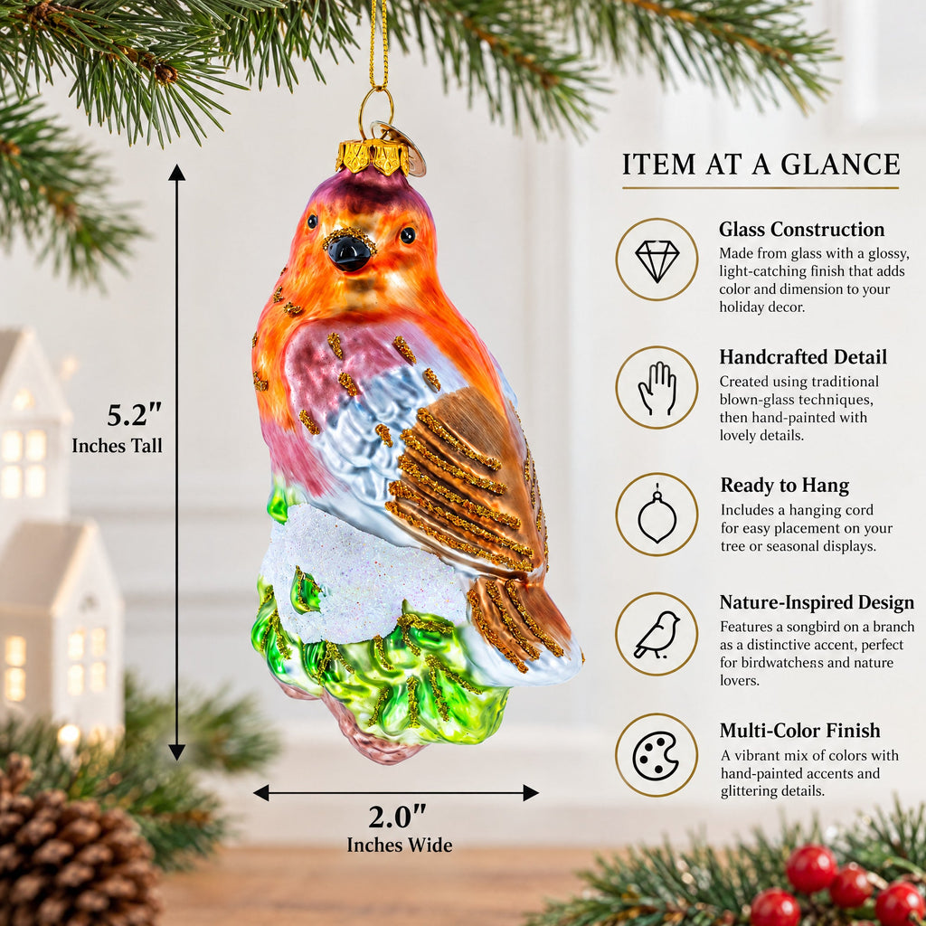 Songbird on Branch Glass Christmas Ornament