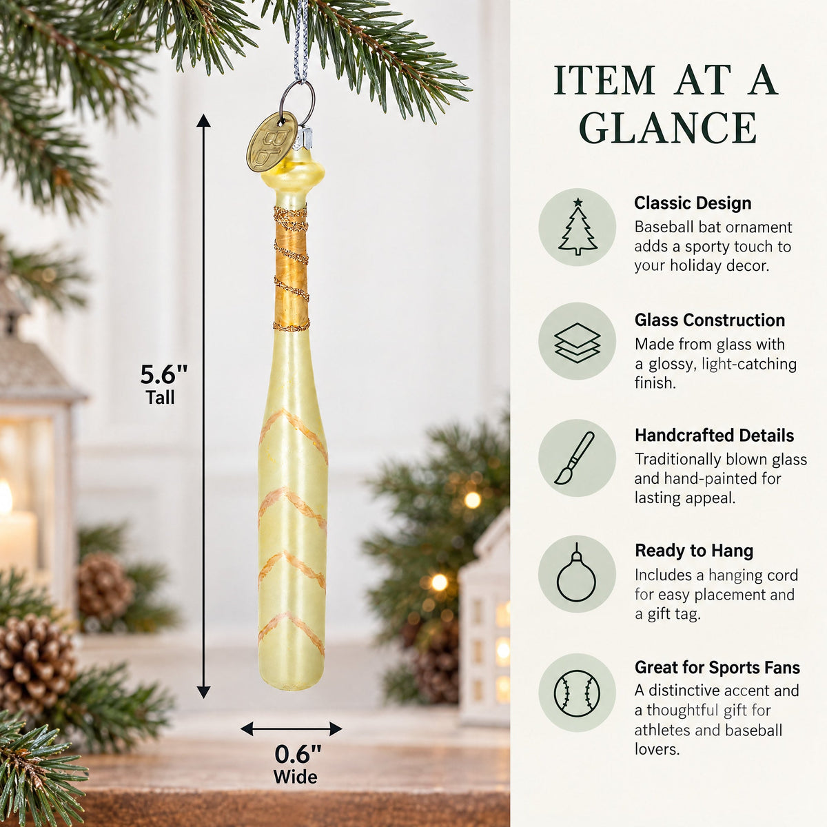 Classic Baseball Bat Glass Christmas Ornament