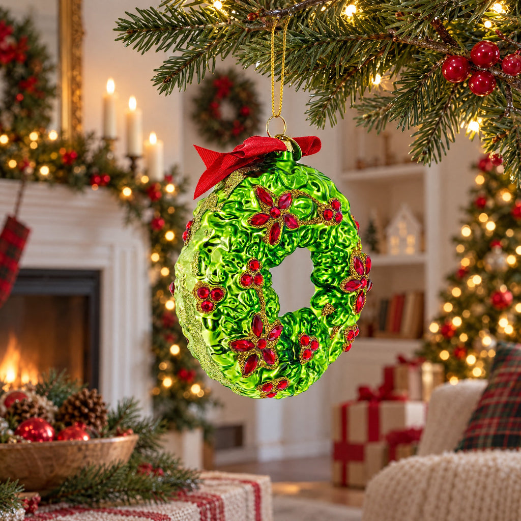 Holiday Wreath with Red Bow and Bells Glass Christmas Ornament