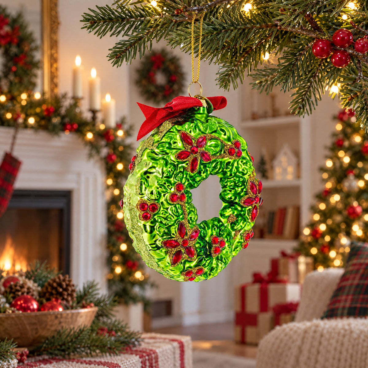 Holiday Wreath with Red Bow and Bells Glass Christmas Ornament