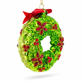 Holiday Wreath with Red Bow and Bells Glass Christmas Ornament