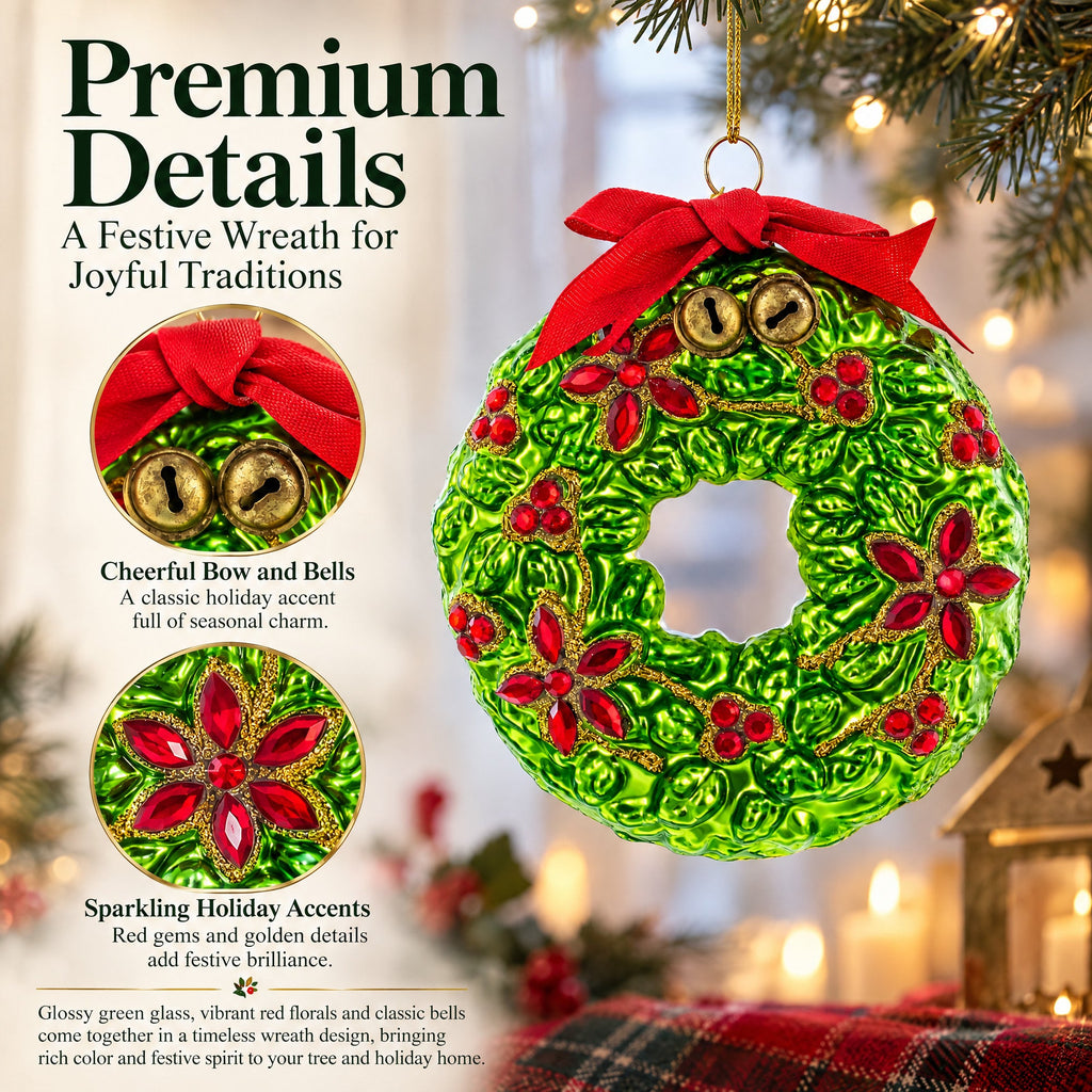 Holiday Wreath with Red Bow and Bells Glass Christmas Ornament