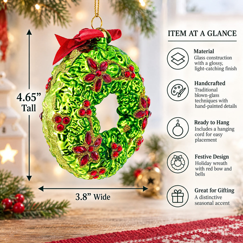 Holiday Wreath with Red Bow and Bells Glass Christmas Ornament