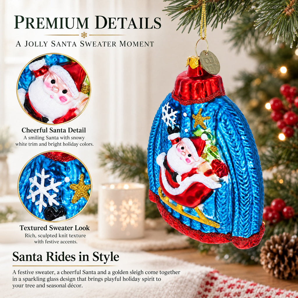 Sweater with Santa with Sleigh Glass Christmas Ornament