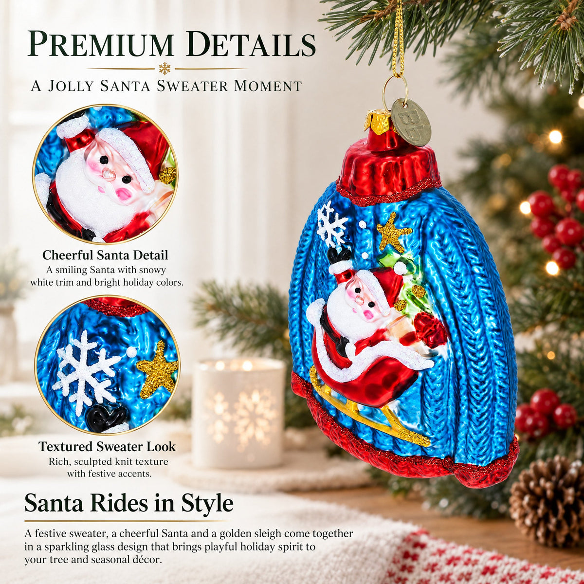 Sweater with Santa with Sleigh Glass Christmas Ornament