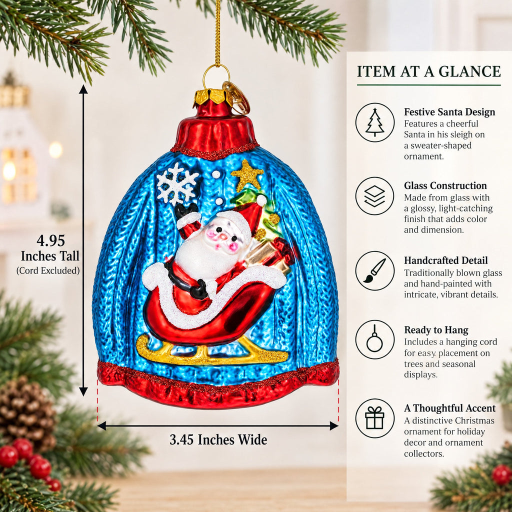 Sweater with Santa with Sleigh Glass Christmas Ornament