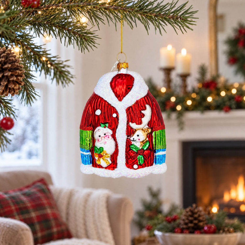 Jacket With Santa and Reindeer Glass Christmas Ornament