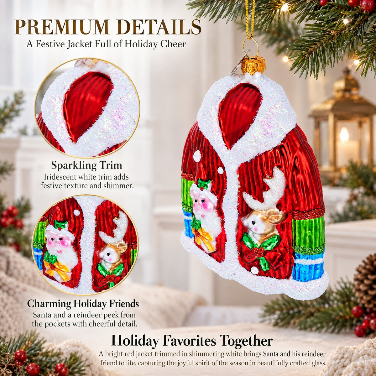 Jacket With Santa and Reindeer Glass Christmas Ornament