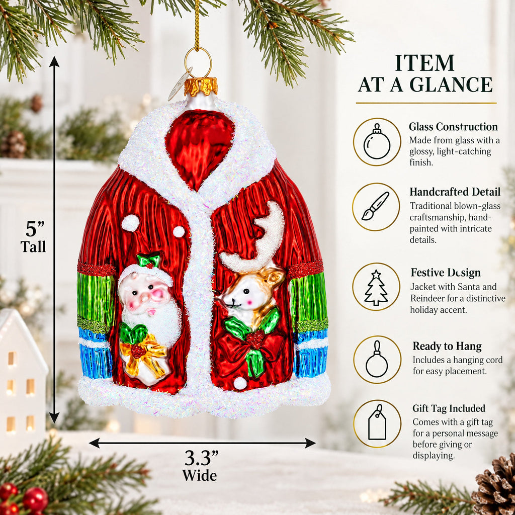 Jacket With Santa and Reindeer Glass Christmas Ornament