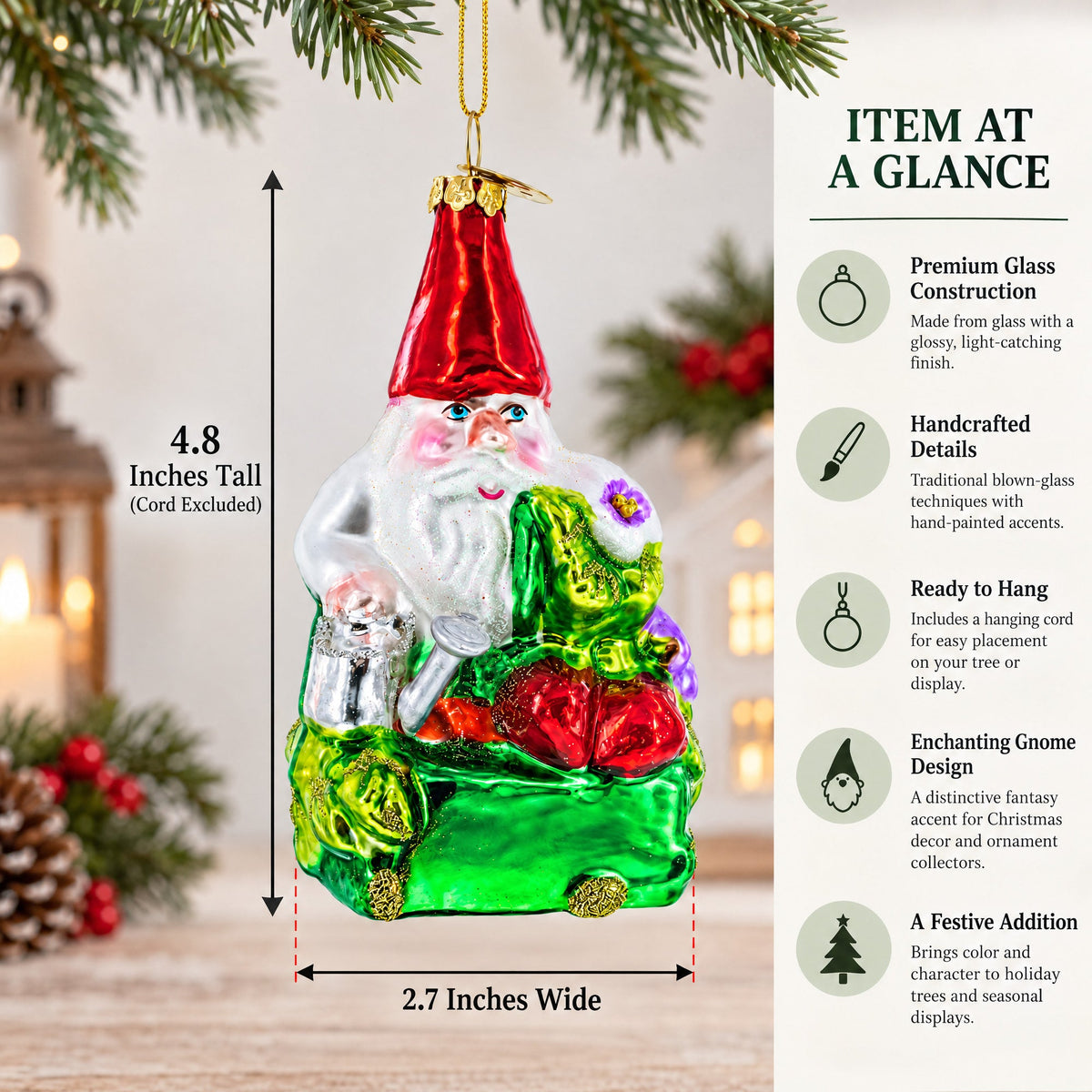 Enchanting Gnome Glass Christmas Ornament