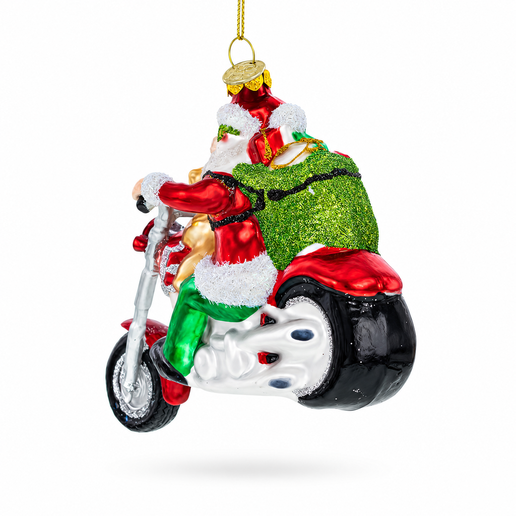 Biker Santa on Red Motorcycle Glass Christmas Ornament