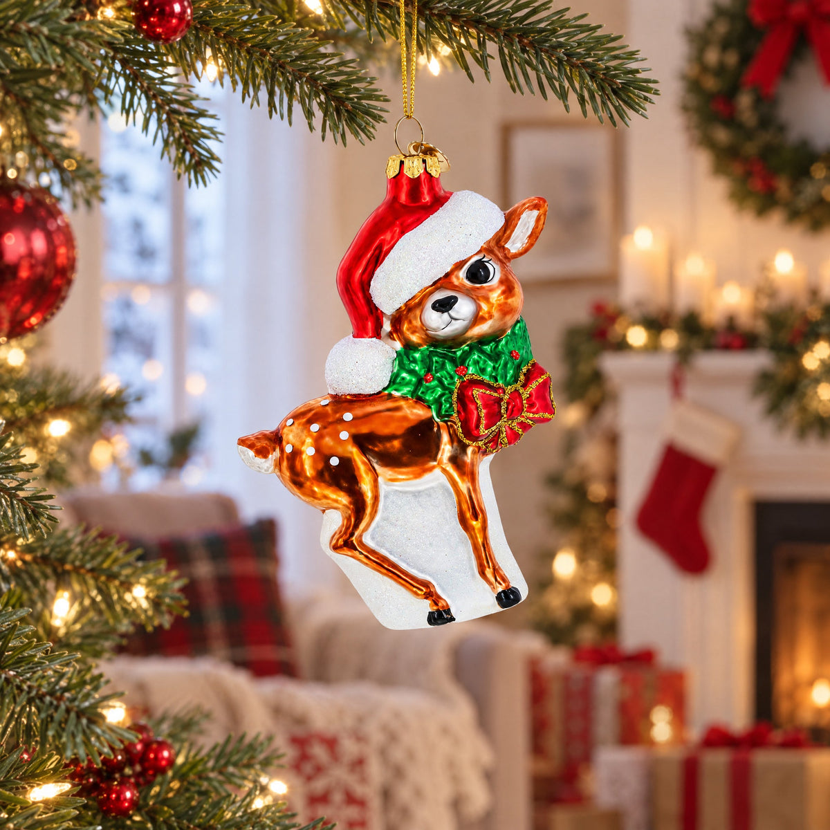 Reindeer with Santa Hat Glass Christmas Ornament