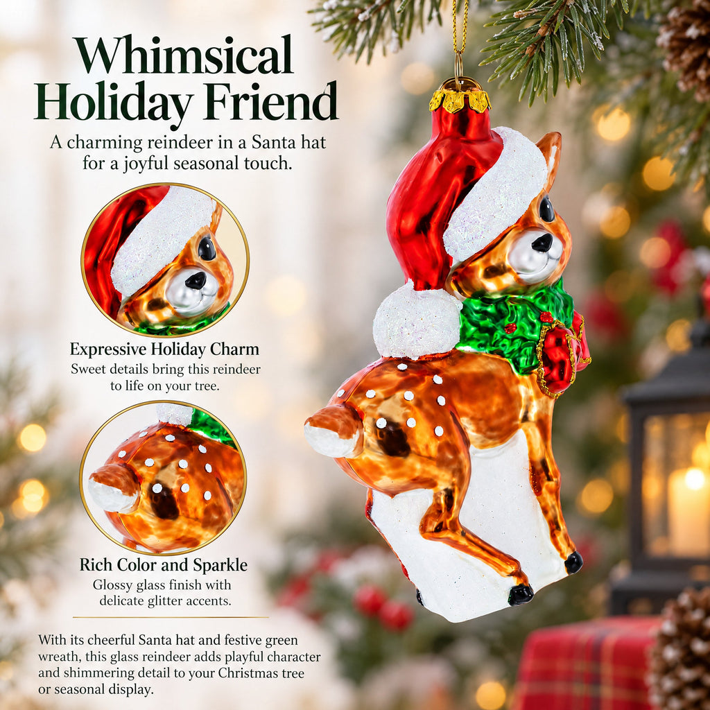 Reindeer with Santa Hat Glass Christmas Ornament
