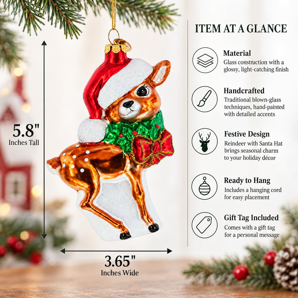 Reindeer with Santa Hat Glass Christmas Ornament