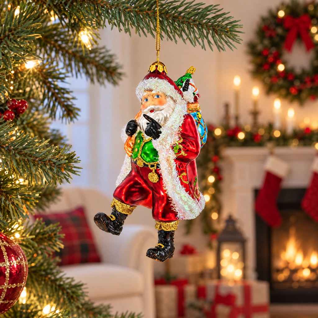 Jolly St. Nick in Red Coat Glass Christmas Ornament