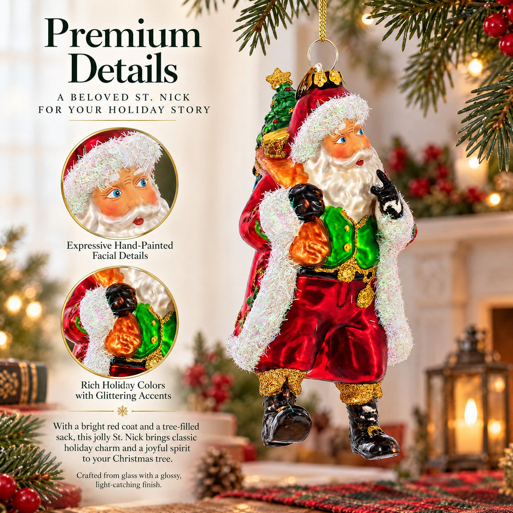 Jolly St. Nick in Red Coat Glass Christmas Ornament