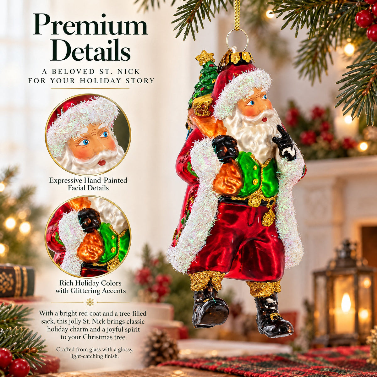 Jolly St. Nick in Red Coat Glass Christmas Ornament
