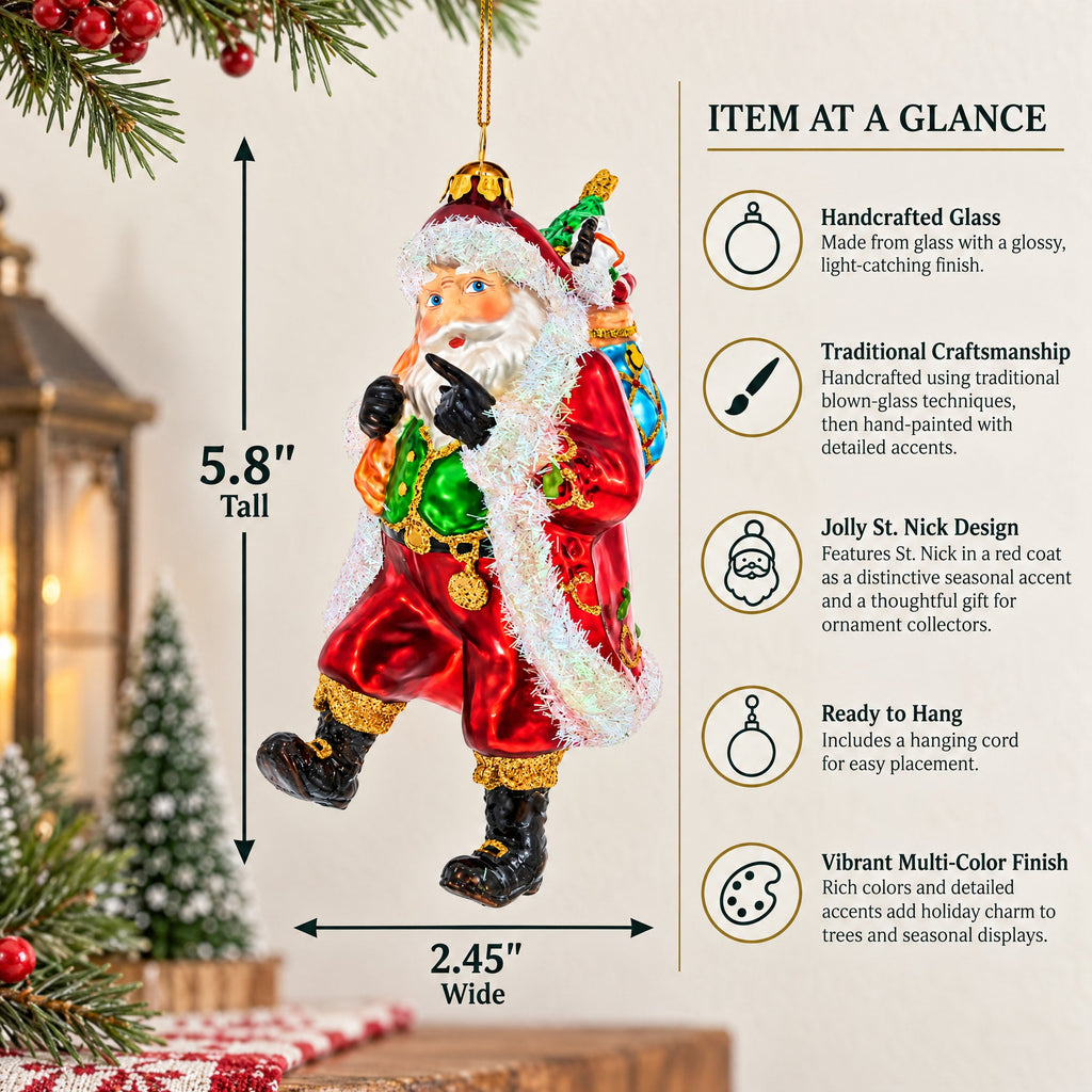 Jolly St. Nick in Red Coat Glass Christmas Ornament