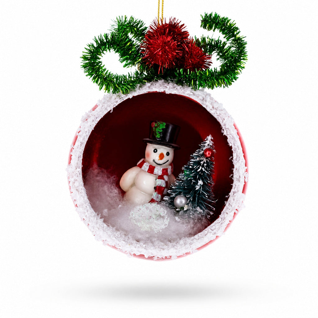 Festive Snowman and Christmas Tree Glass Ornament