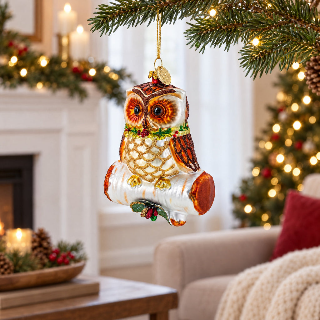 Wise Owl on Branch Glass Christmas Ornament