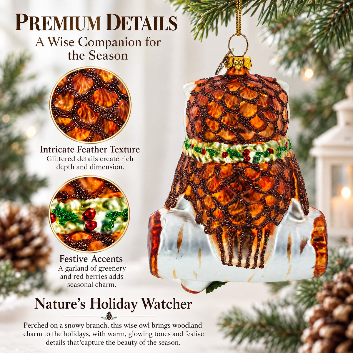 Wise Owl on Branch Glass Christmas Ornament