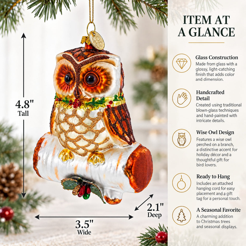 Wise Owl on Branch Glass Christmas Ornament