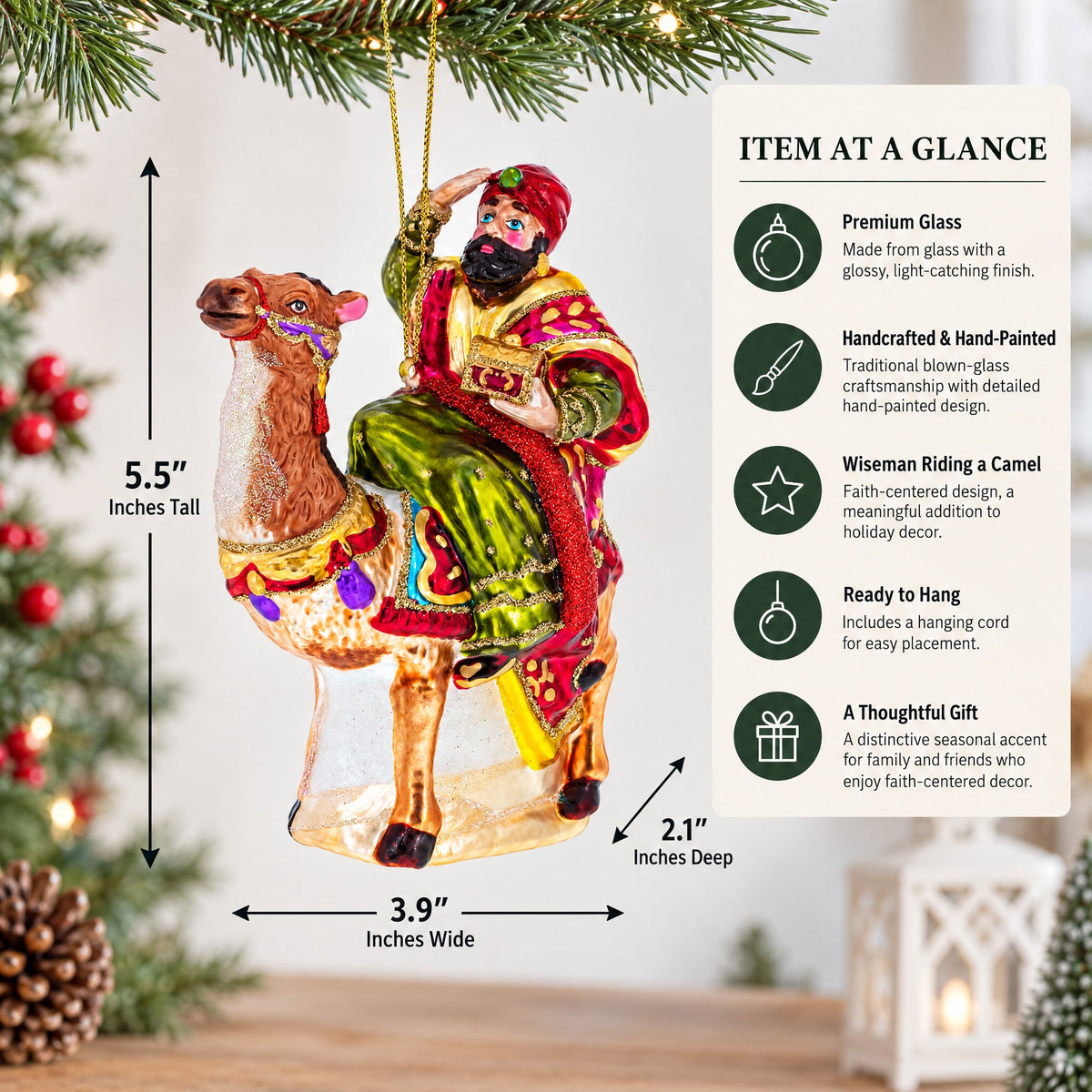 Wiseman Riding a Camel Glass Christmas Ornament