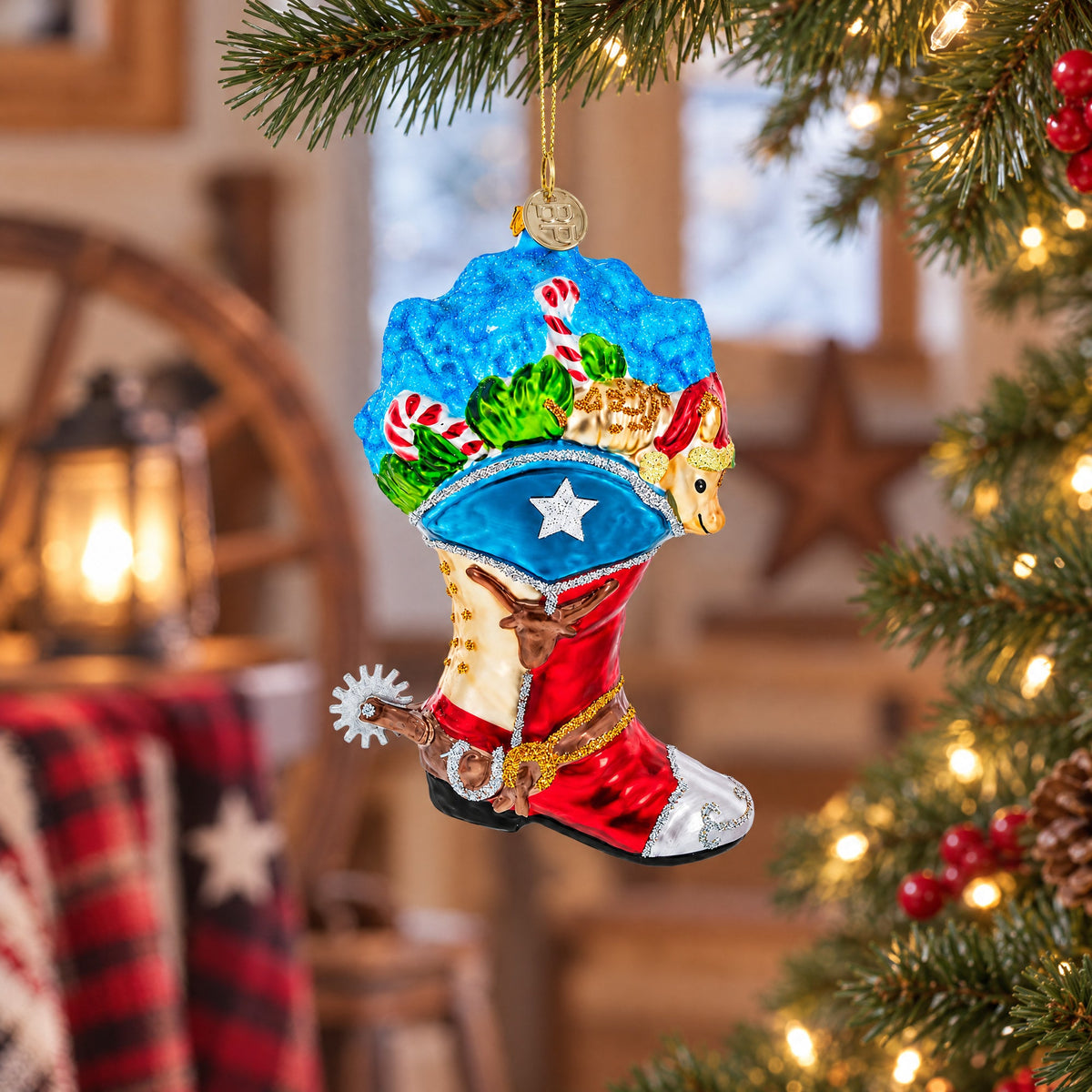 Cowboy Boot with Candy Canes Glass Christmas Ornament