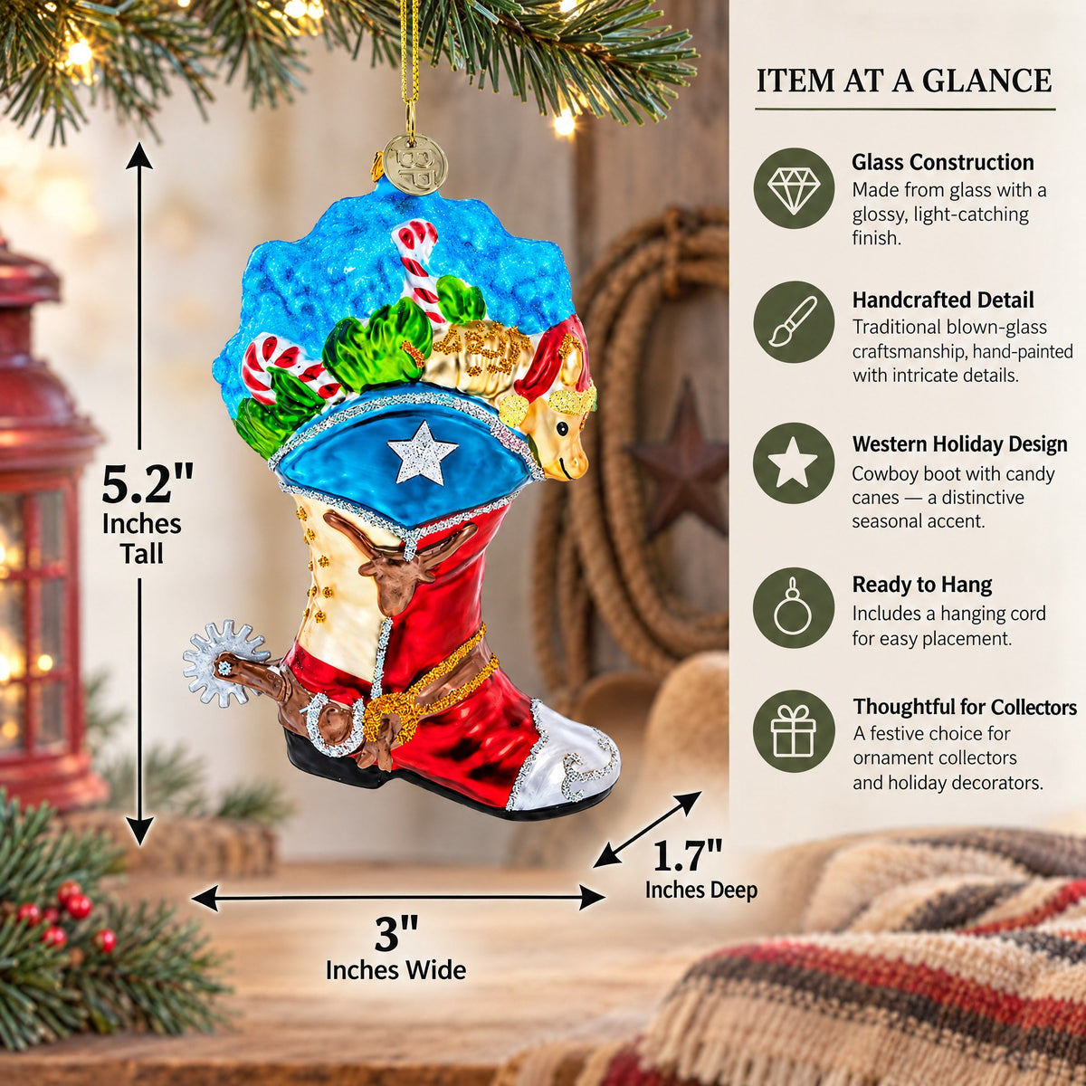 Cowboy Boot with Candy Canes Glass Christmas Ornament
