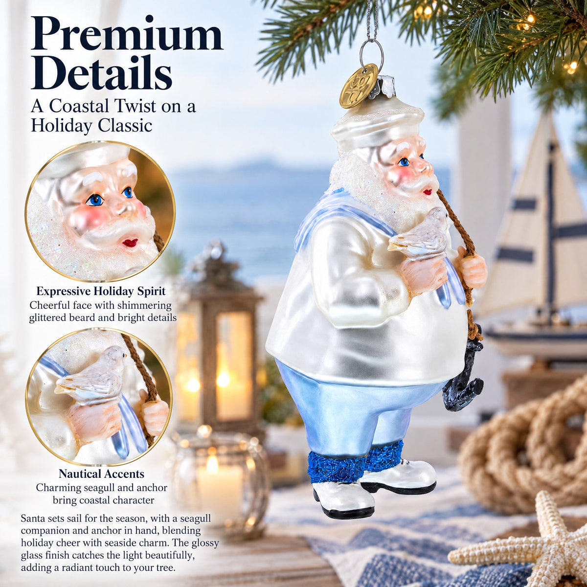 Sailor Santa with Anchor Glass Christmas Ornament