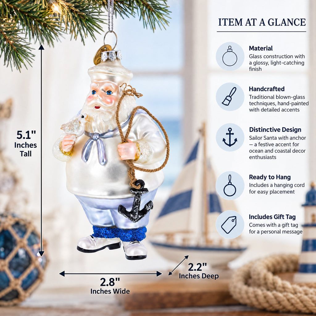 Sailor Santa with Anchor Glass Christmas Ornament