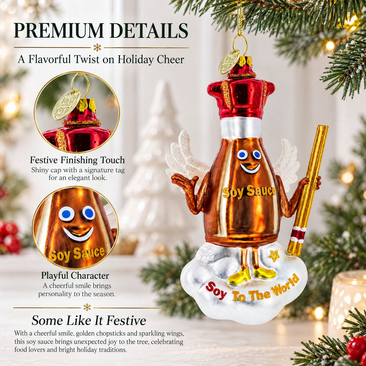 Soy Sauce with Chopsticks Glass Christmas Ornament