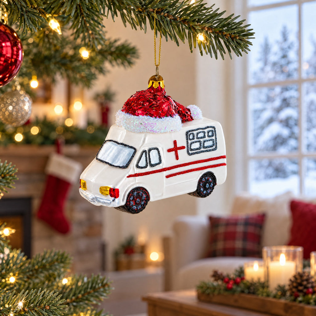 Ambulance in a Santa Hat Glass Christmas Ornament