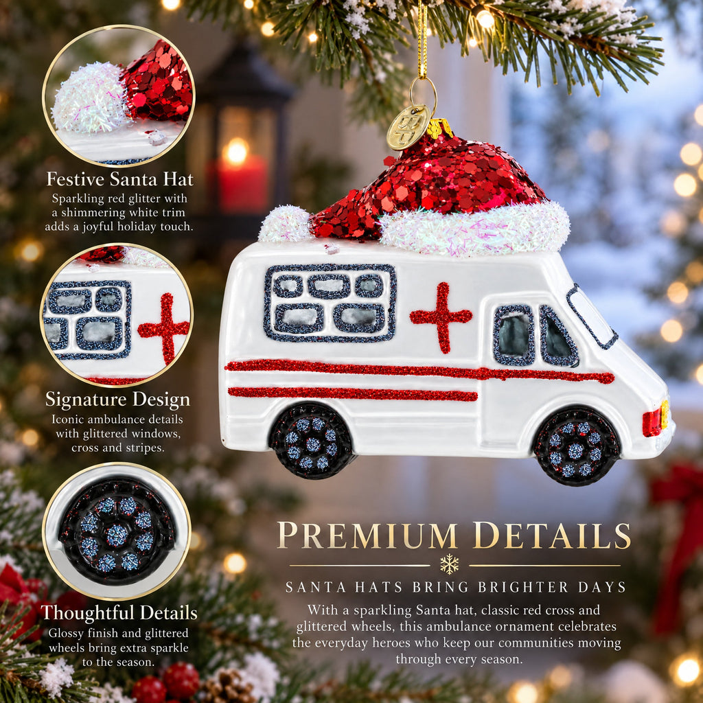 Ambulance in a Santa Hat Glass Christmas Ornament