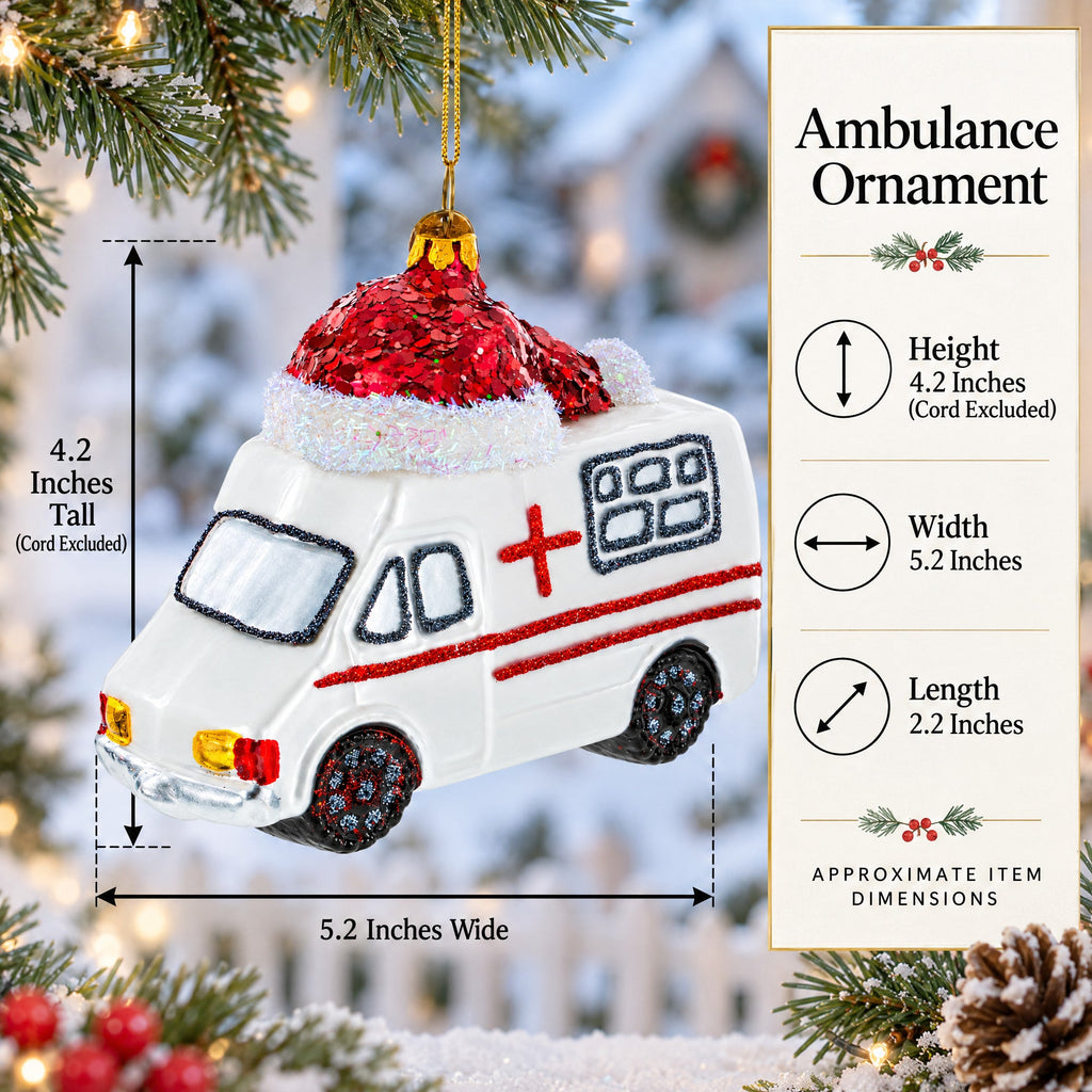 Ambulance in a Santa Hat Glass Christmas Ornament