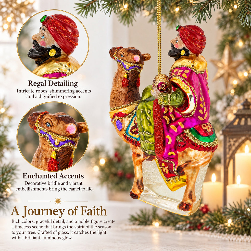 Majestic Wiseman with Gifts on Camel Glass Christmas Ornament