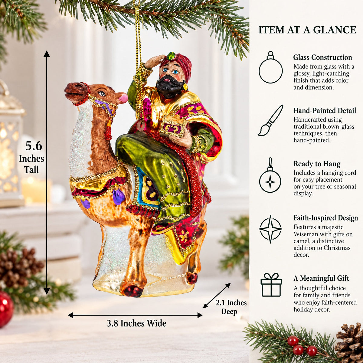 Majestic Wiseman with Gifts on Camel Glass Christmas Ornament